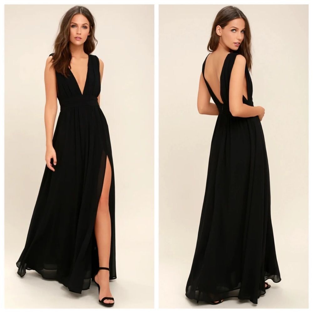 NWT Lulus Dress Black Heavenly Hues Maxi Side Slit Deep V Dress, L